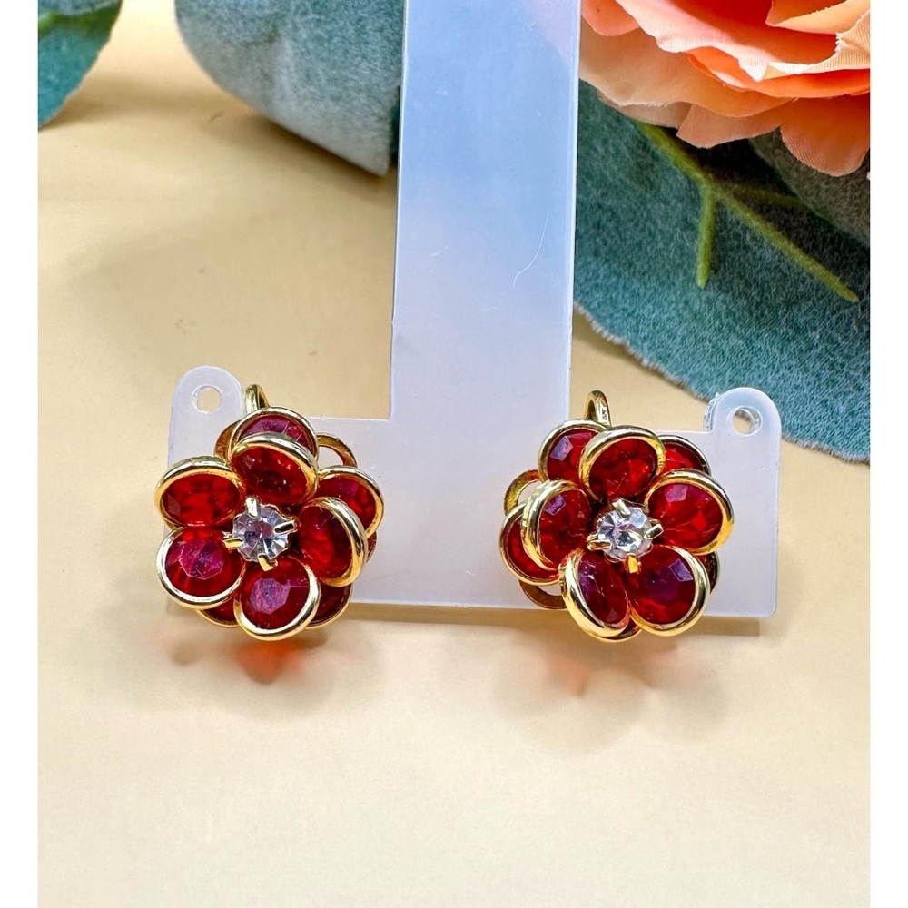 Avon Gold Tone Red and Clear CZ Flower Clip-On Earrings